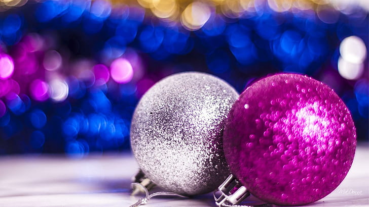 Julblå rosa, glänsande, dekorationer, nyår, jul, bollar, ljus, feliz navidad, rosa, blå, lila, jul, HD tapet