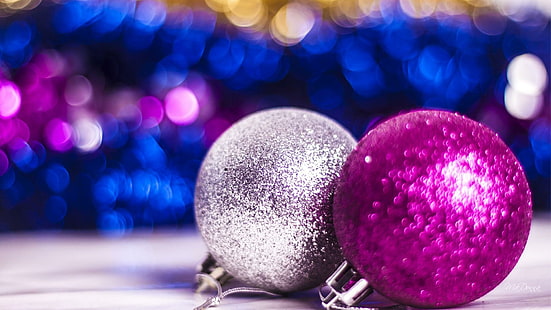 Julblå rosa, glänsande, dekorationer, nyår, jul, bollar, ljus, feliz navidad, rosa, blå, lila, jul, HD tapet HD wallpaper