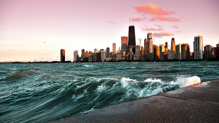 bangunan beton abu-abu dan hitam, fotografi, air, ombak, lanskap kota, kota, gedung pencakar langit, gedung, Chicago, Wallpaper HD