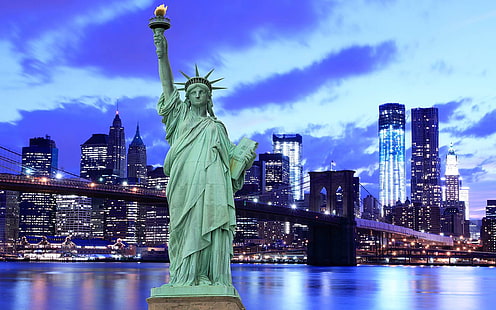 자유의 여신상 (영어 자유의 여신상)은 뉴욕의 기념비입니다.동상은 46.5 미터 높이에 노출되었습니다.높이 47m를 더하고 서 있으면 총 높이는 93.5 mete, HD 배경 화면 HD wallpaper