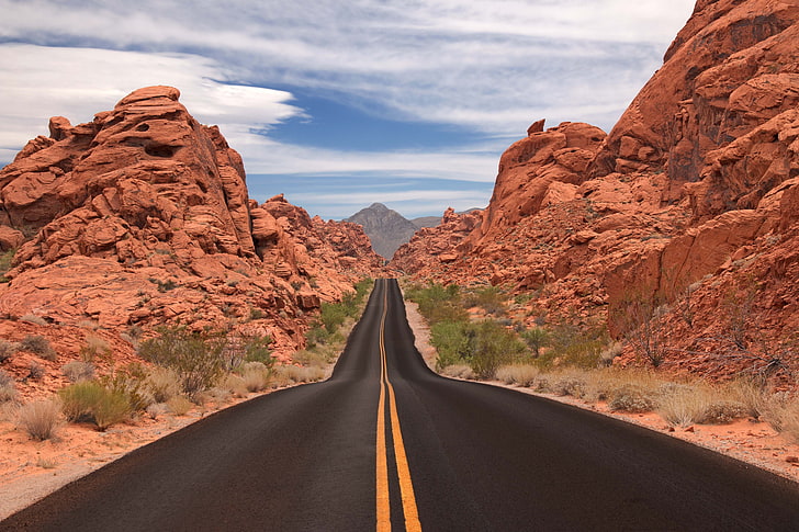 landscape, desert, highway, rocks, HD wallpaper