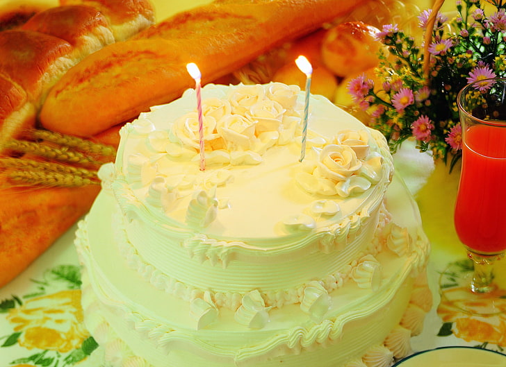 white cake, cake, candles, two, birthday, holiday, table, juice, HD wallpaper