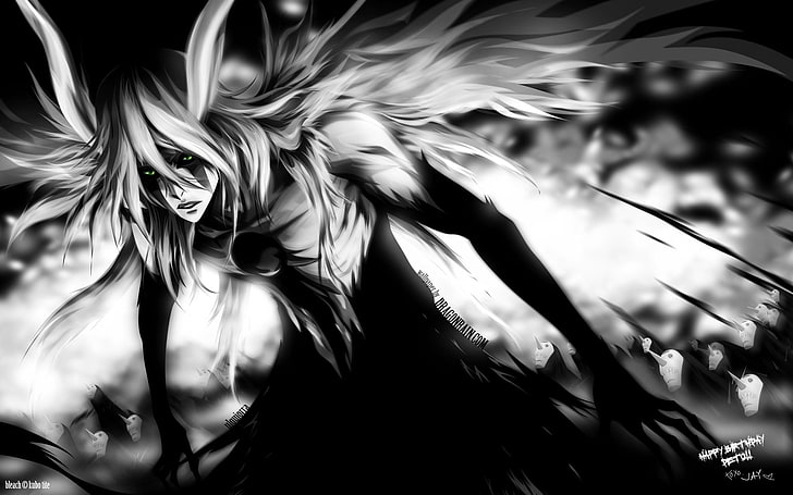 white-haired anime character illustration, anime, ulquiorra, gillian, black and white, background, HD wallpaper