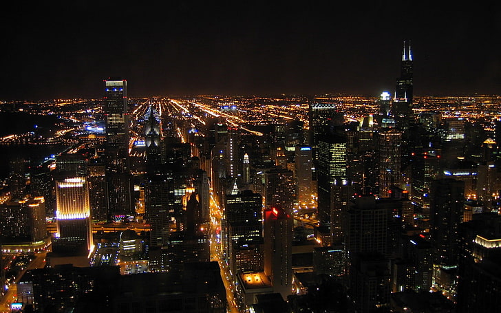Flygfoto över byggnader, stadsbild, natt, New York City, stadsljus, Chicago, HD tapet