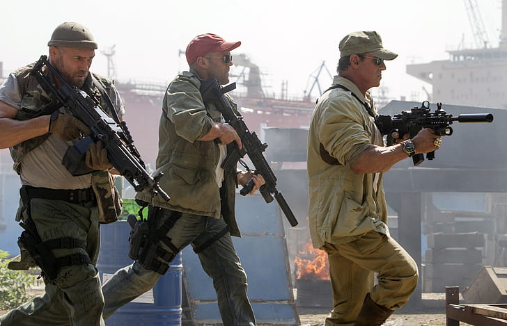 The Expendables, The Expendables 3, Barney Ross, Jason Statham, Lee Christmas, Randy Couture, Sylvester Stallone, Toll Road, HD wallpaper
