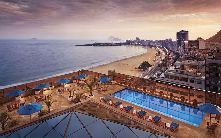 JW Marriott Hotel Rio De Janeiro, brown and blue beach lounger chair, Cityscapes, Rio de Janeiro, cityscape, city, hotel, brazil, HD wallpaper