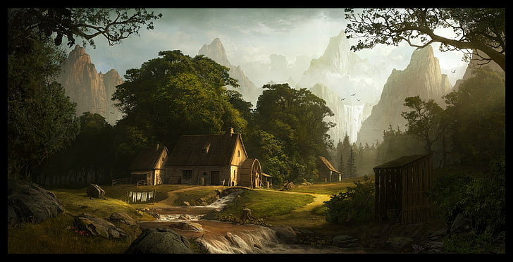 Andree Wallin, ilustraciones, arte conceptual, arte de fantasía, paisaje, molino, montaña, Fondo de pantalla HD