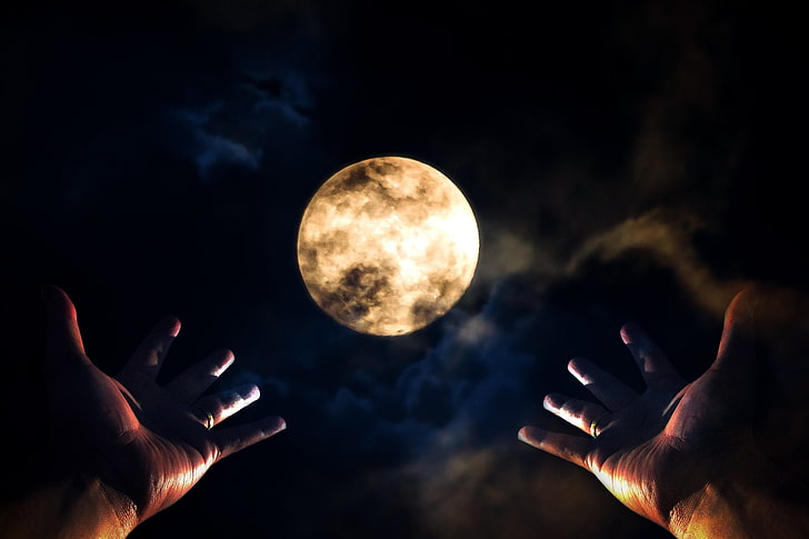 two round silver-colored coins, hands, dark, Moon, HD wallpaper
