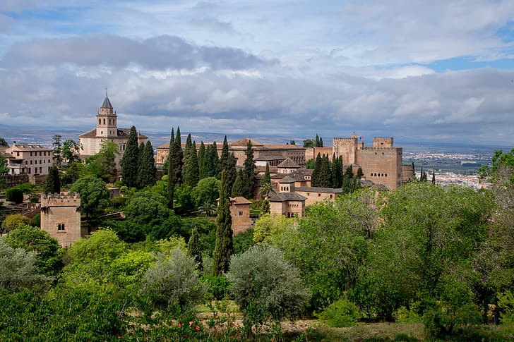 пейзаж, природа, город, крепость, архитектура, Испания, дворец, Гранада, Альгамбра, HD обои