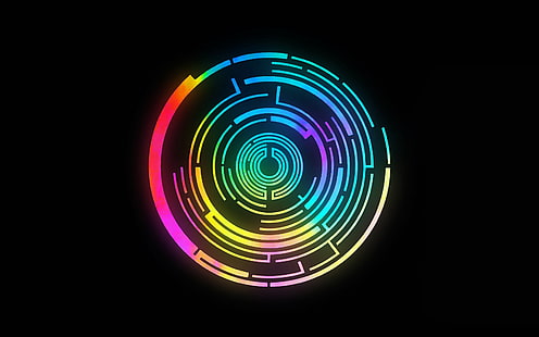 fondo de pantalla digital abstracto verde azulado redondo, amarillo y rosa, abstracto, colorido, círculo, péndulo, en sílice, logotipo, música, fondo negro, Fondo de pantalla HD HD wallpaper