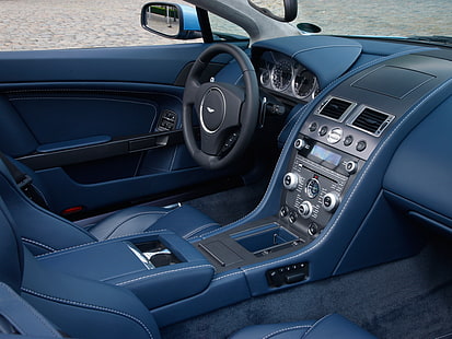 black steering wheel, aston martin, v8, vantage, 2008, blue, salon, interior, steering wheel, speedometer, HD wallpaper HD wallpaper