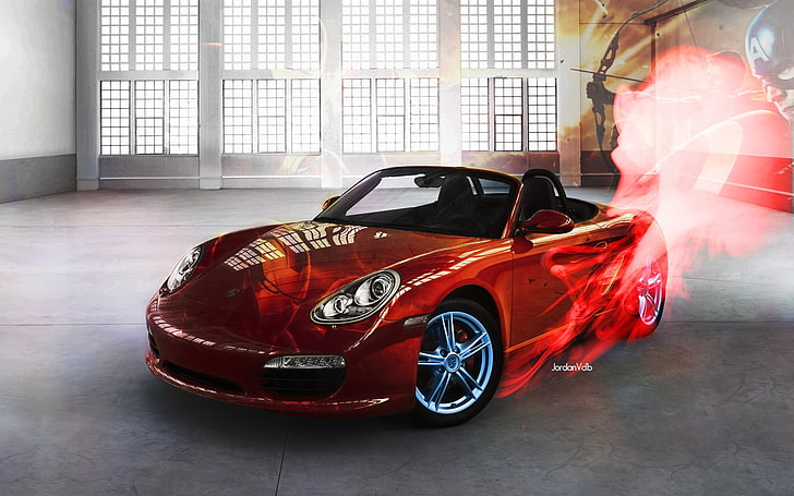 wallpaper digital Porsche convertible coupe merah, Porsche, The Avengers, Iron Man, Captain America: The Winter Soldier, smoke, red, Photoshop, jordan belgium, Wallpaper HD