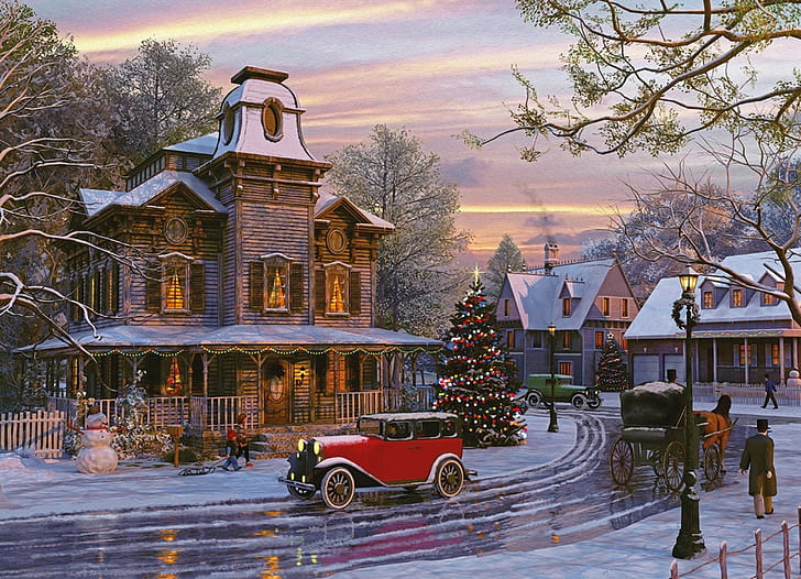 Artistic, Painting, Car, Christmas, Christmas Tree, Snow, Street, Vintage, HD wallpaper