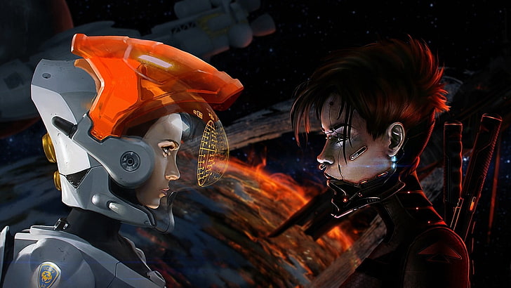 dua karakter wanita wallpaper digital, karya seni, fiksi ilmiah, rambut pendek, luar angkasa, pakaian antariksa, wanita, cyborg, astronot, Wallpaper HD