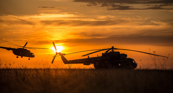 the sky, sunset, helicopters, silhouettes, HD wallpaper
