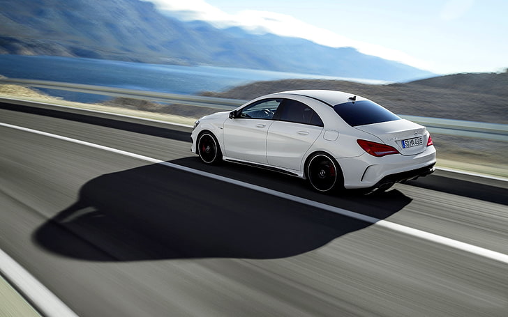 Auto, shadow, White, Machine, Sedan, Car, Mercedes Benz, AMG, In Motion, The view from the side, CLA45, CLA 45, HD wallpaper