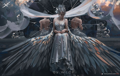 женщина с крыльями, аниме девушки, Ghost Blade, WLOP, HD обои HD wallpaper