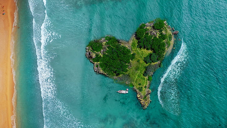 Kalp, Ada, adacık, deniz, romantik, Drone görünümü, havadan görünüm, HD masaüstü duvar kağıdı