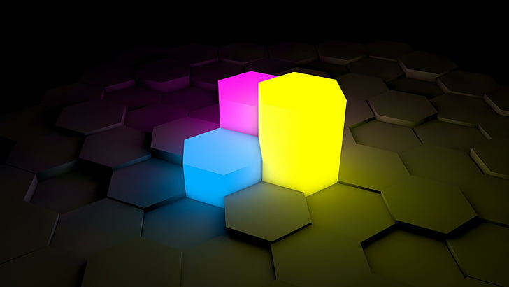3d, блоки, синий, розовый, желтый, темный, абстрактный, шестиугольник, сияющий, тень, фокус, неон, HD обои