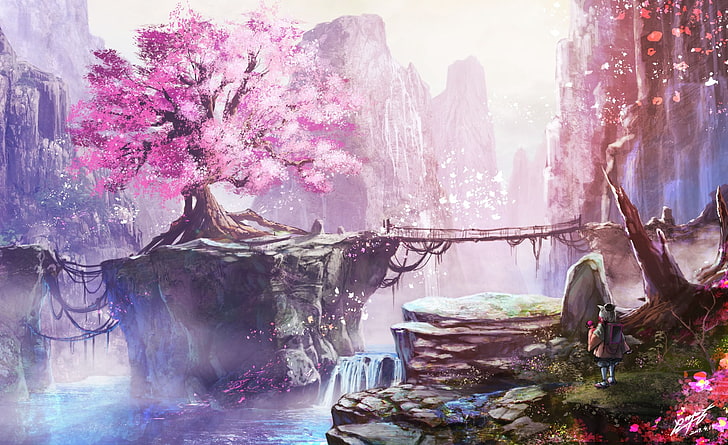 розовое лиственное дерево живопись, аниме, аниме девушки, вишня в цвету, фэнтези арт, пейзаж, природа, водопад, горы, мост, HD обои