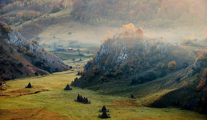 gröna berg med träd, berg, dal, Rumänien, klippa, dimma, fält, skog, byar, natur, landskap, HD tapet