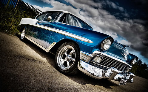 klasik mavi ve beyaz coupe, araba, eski araba, Oldtimer, mavi arabalar, ikinci el araç, HD masaüstü duvar kağıdı HD wallpaper