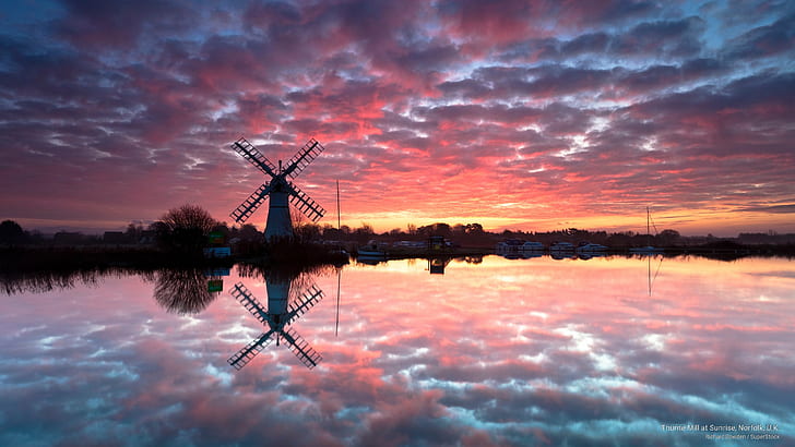 Thurne Mill al amanecer, Norfolk, Reino Unido, amaneceres / puestas de sol, Fondo de pantalla HD