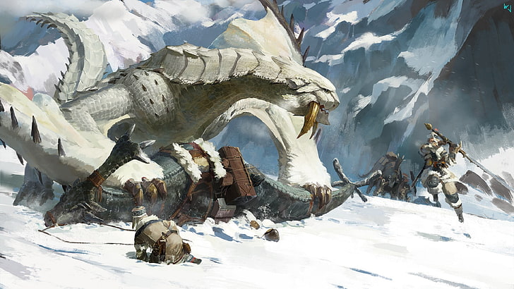 pintura de criatura blanca con colmillo, videojuegos, Monster Hunter, nieve, montañas, Barioth, Fondo de pantalla HD