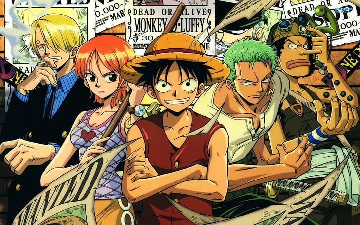 One Piece characters digital wallpaper, One Piece, Monkey D. Luffy, Nami, Roronoa Zoro, Usopp, Sanji, anime, HD wallpaper