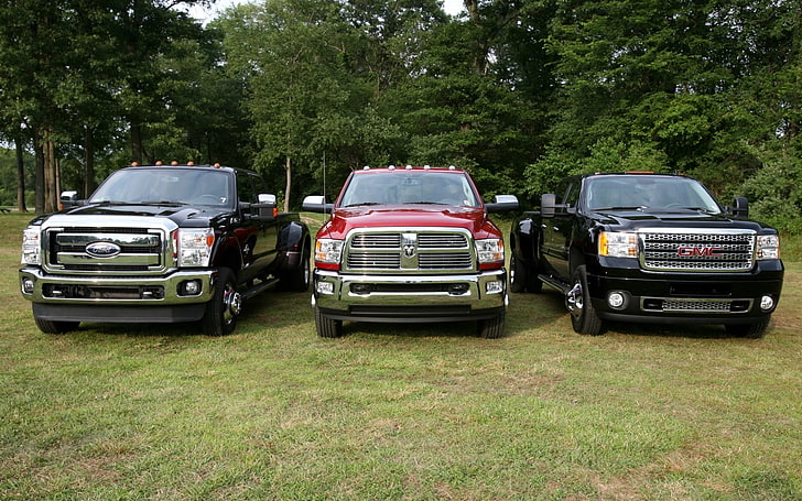 three assorted-color-and-brand pickup trucks, trees, background, Ford, Dodge, jeep, pickup, the front, and, GMC, Ram, Denali, Super Duty, Sierra, 3500, Heavy Duty, F-450, Crew Cab, SLT, Giemsa, HD wallpaper
