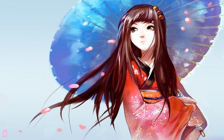 Ombrello ragazza anime giapponese, donna in kimono rosso, anime / animato, ragazza, anime, ombrello, giapponese, Sfondo HD