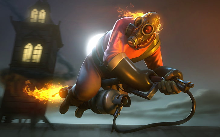 character with flame illustration, Team Fortress 2, Pyro (character), fire, Halloween, flamethrowers, video games, HD wallpaper
