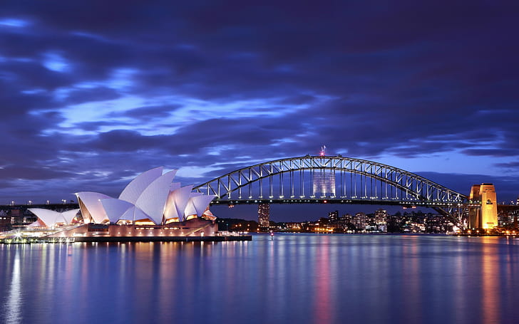 architecture, australia, bay, bridge, buildings, clouds, evening, harbor, house, lights, ocean, opera, roads, sea, sky, sydney, HD wallpaper