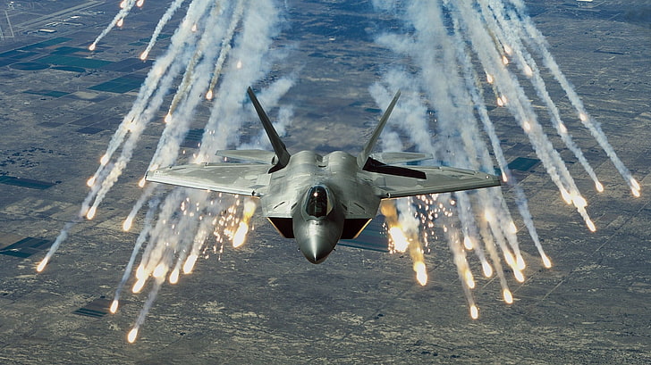 gri ve siyah savaş uçağı, savaş uçağı, uçak, contrails, F-22 Raptor, askeri, HD masaüstü duvar kağıdı