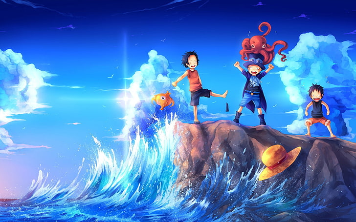 Sabo, Luffy и Ace близо до океана илюстрация, аниме, One Piece, Monkey D. Luffy, Portgas D. Ace, Sabo, HD тапет