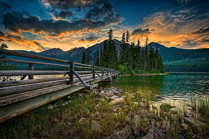 حديقة جاسبر الوطنية ، كندا ، منظر طبيعي ، بحيرة ، جسر ، غروب ، جبل ، أشجار ، سماء ، طبيعة ، حديقة جاسبر الوطنية ، كندا ، منظر طبيعي ، بحيرة ، جسر ، غروب الشمس ، جبل ، أشجار ، سماء ، 1500 × 1000، خلفية HD
