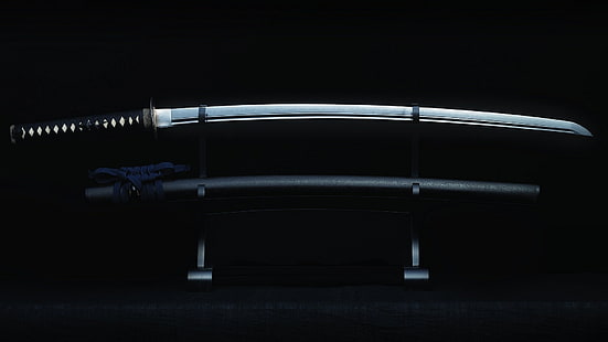 серебряная и черная катана, самурай, катана, меч, оружие, HD обои HD wallpaper