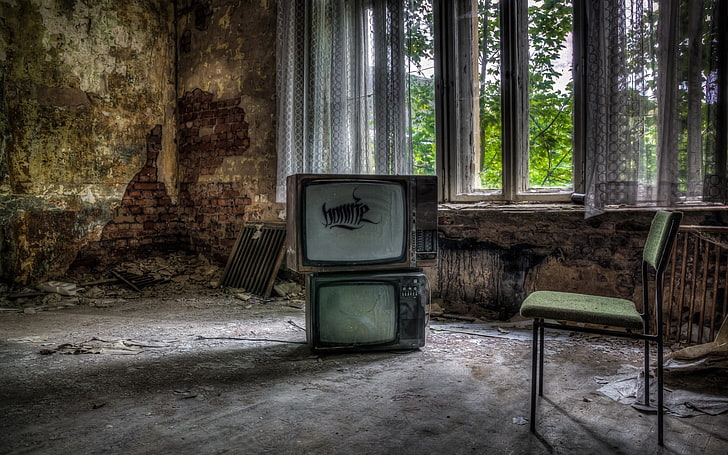 chair, ruin, abandoned, TV, HDR, HD wallpaper