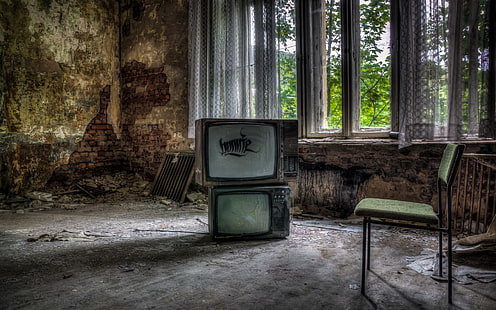 cadeira, ruína, abandonado, TV, HDR, HD papel de parede HD wallpaper