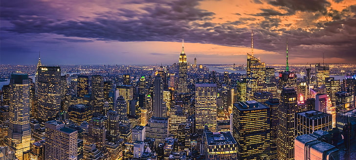 pintura de edificio azul y blanco, luces, paisaje urbano, nubes, ciudad de Nueva York, Fondo de pantalla HD
