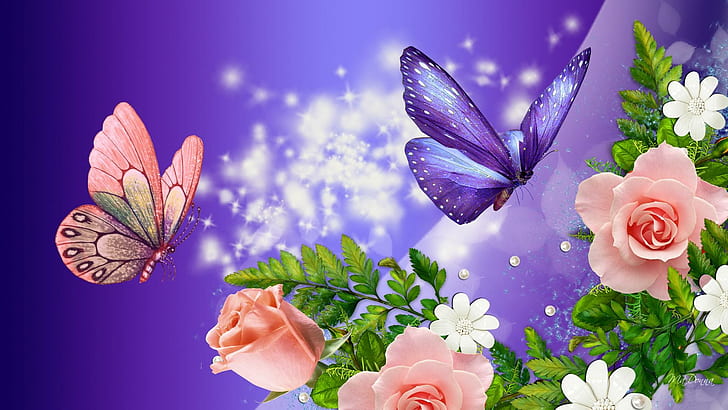 Peach Roses Purple Fantasy, roses, stars, bright, flowers, spring, purple, summer, spots, glow, butterflies, nature and landscapes, HD wallpaper