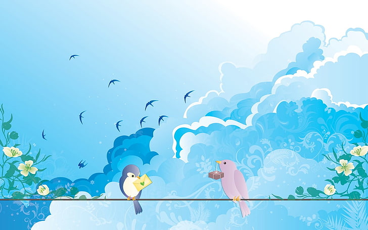 илюстрация на синя птица, лястовица (птица), небе, животни, произведения на изкуството, HD тапет