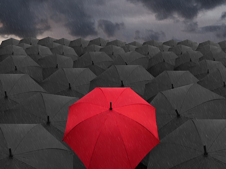 Schwarze Regenschirme 3D, einsamer roter Regenschirm, rotes und schwarzes Regenschirmlos, 3D, Schwarzes, Regenschirme, einsam, rot, Regenschirm, HD-Hintergrundbild