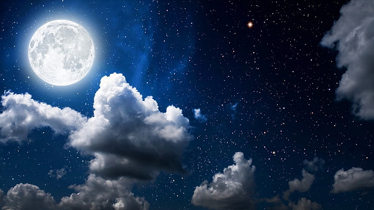 luna piena, cielo notturno, stelle, cielo stellato, chiaro di luna, luna, stellato, notte, nuvola, soffici nuvole, Sfondo HD