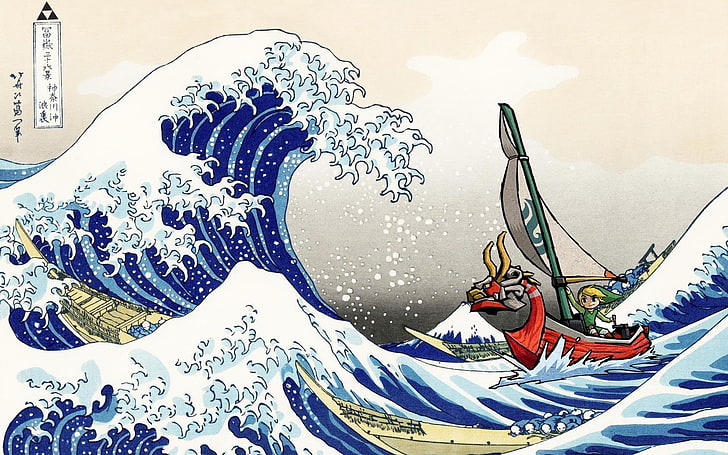 orang naik perahu di ilustrasi laut, Zelda, The Legend of Zelda: The Wind Waker, Link, The Great Wave off Kanagawa, Wallpaper HD