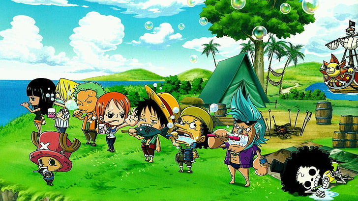 One Piece digital wallpaper, One Piece, Nico Robin, Roronoa Zoro, Nami, Monkey D. Luffy, Usopp, Franky, Brook, Sanji, Tony Tony Chopper, chibi, HD wallpaper