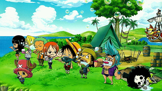 Wallpaper digital One Piece, One Piece, Nico Robin, Roronoa Zoro, Nami, Monkey D. Luffy, Usopp, Franky, Brook, Sanji, Tony Tony Chopper, chibi, Wallpaper HD HD wallpaper