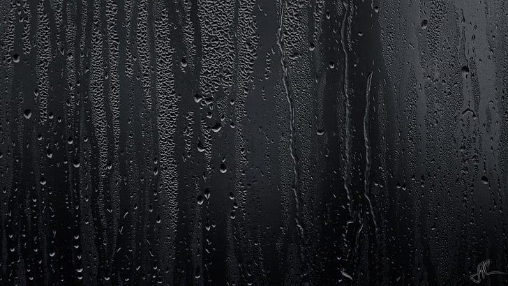 водяная роса, черная стена с каплями воды, дождь, подоконник, капли воды, боке, окно, вода на стекле, HD обои