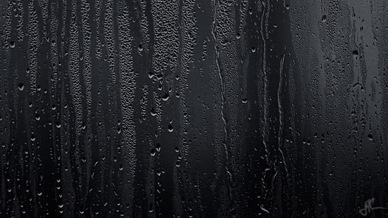 водяная роса, черная стена с каплями воды, дождь, подоконник, капли воды, боке, окно, вода на стекле, HD обои HD wallpaper