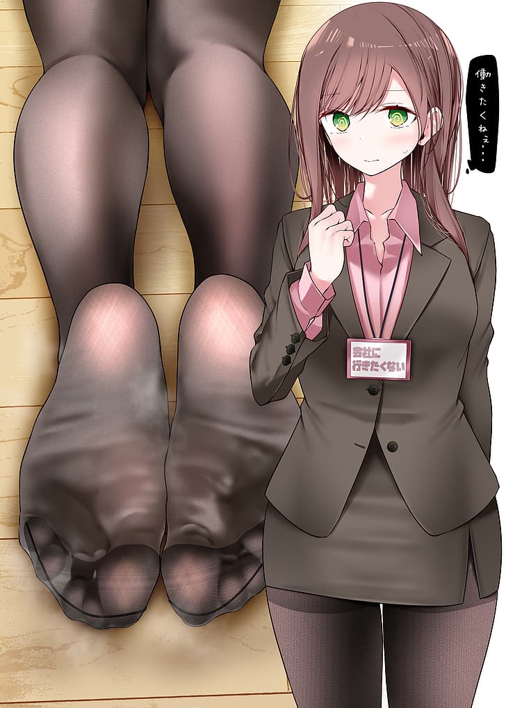 office girl, anime girls, black thigh-highs, foot sole, foot sweat, HD wallpaper